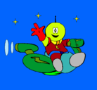 Dibujo Marcianito en moto espacial pintado por piolin
