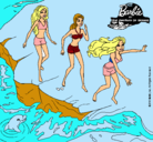 Dibujo Barbie y sus amigas en la playa pintado por Gatito