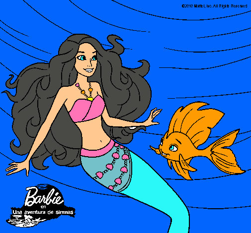 Dibujo Barbie sirena con su amiga pez pintado por Victori-a