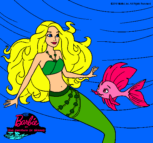 Dibujo Barbie sirena con su amiga pez pintado por Danydircio