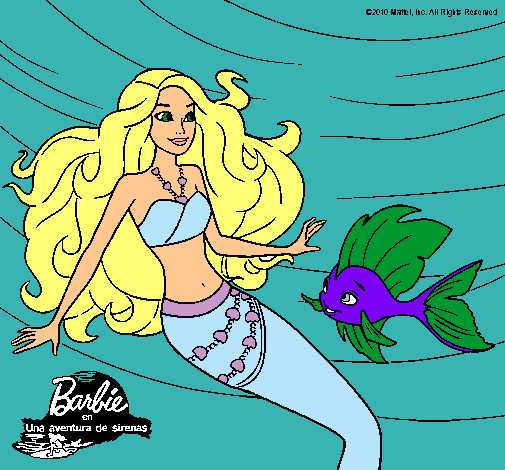 Dibujo Barbie sirena con su amiga pez pintado por Andilusa