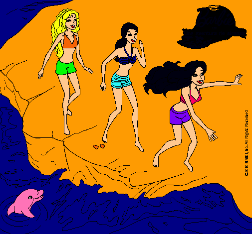 Dibujo Barbie y sus amigas en la playa pintado por Jade