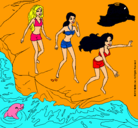 Dibujo Barbie y sus amigas en la playa pintado por Jade