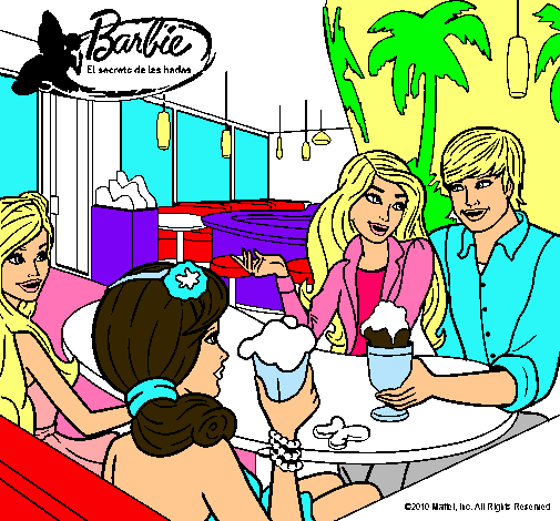 Dibujo Barbie y sus amigos en la heladería pintado por Sakura_