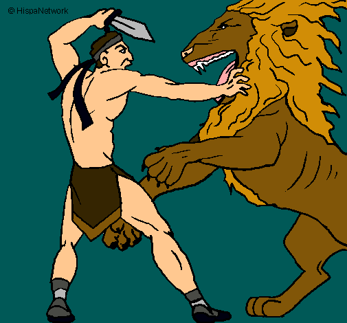 Dibujo Gladiador contra león pintado por pekita