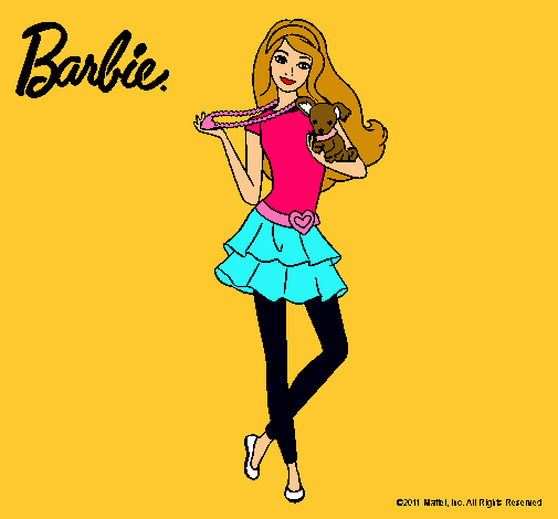 Dibujo Barbie y su mascota pintado por Cacahuete