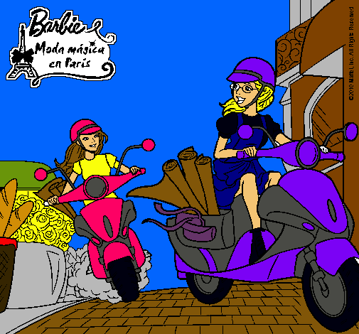 Dibujo Barbie y su amiga en moto pintado por giarella