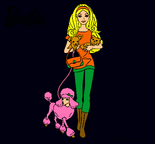 Dibujo Barbie con sus mascotas pintado por amalia