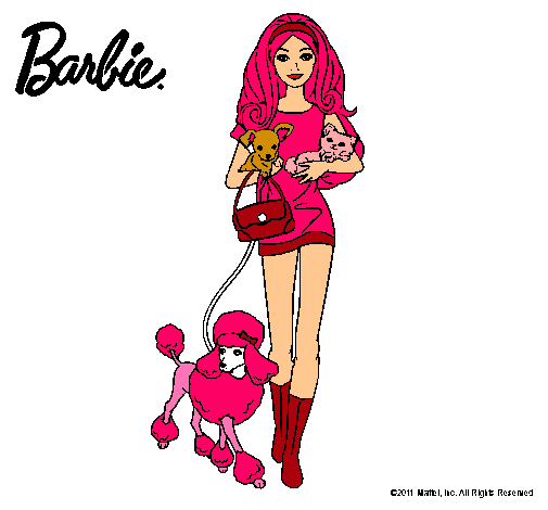 Dibujo Barbie con sus mascotas pintado por aldi 