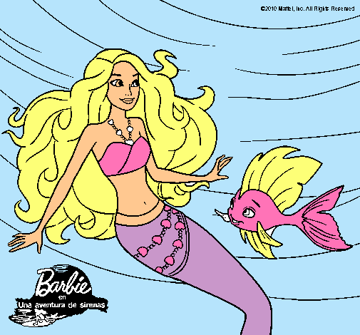 Dibujo Barbie sirena con su amiga pez pintado por Jabi