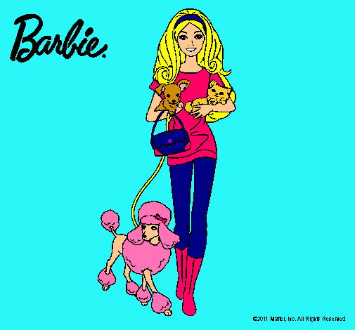 Dibujo Barbie con sus mascotas pintado por anac