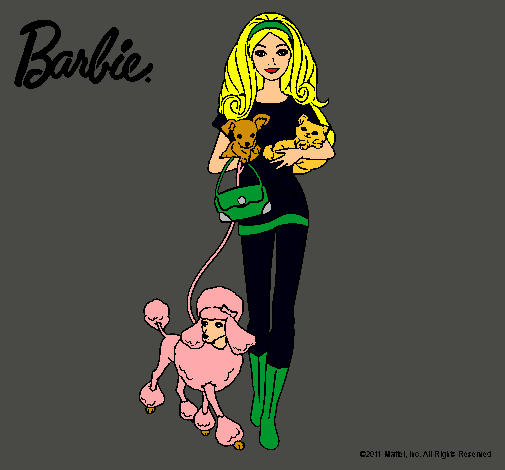 Dibujo Barbie con sus mascotas pintado por amalia