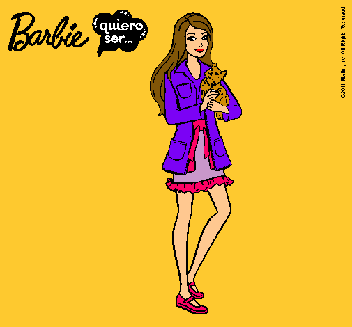 Dibujo Barbie con un gatito pintado por Cacahuete