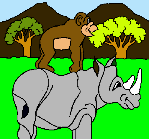 Dibujo Rinoceronte y mono pintado por Dapeayuso