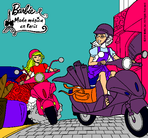 Dibujo Barbie y su amiga en moto pintado por caterin5678