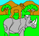 Dibujo Rinoceronte y mono pintado por dino_dino