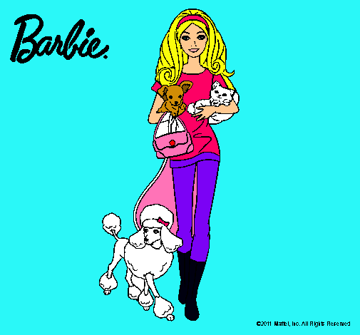 Dibujo Barbie con sus mascotas pintado por chiar