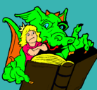 Dibujo Dragón, chica y libro pintado por gguyguihutgu