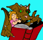 Dibujo Dragón, chica y libro pintado por drakey
