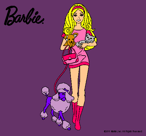 Dibujo Barbie con sus mascotas pintado por gabixbravo