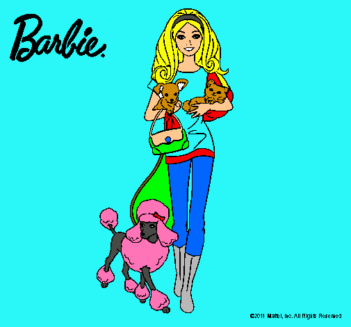 Dibujo Barbie con sus mascotas pintado por uxue