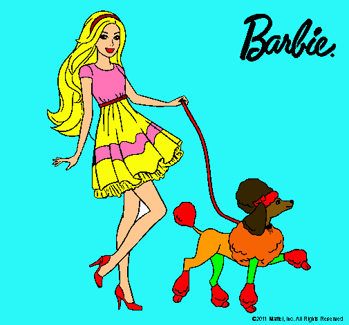 Dibujo Barbie paseando a su mascota pintado por orejitas