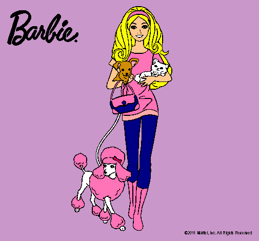 Dibujo Barbie con sus mascotas pintado por maria11