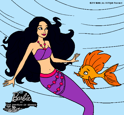 Dibujo Barbie sirena con su amiga pez pintado por Amadix