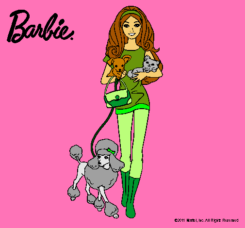 Dibujo Barbie con sus mascotas pintado por lichi