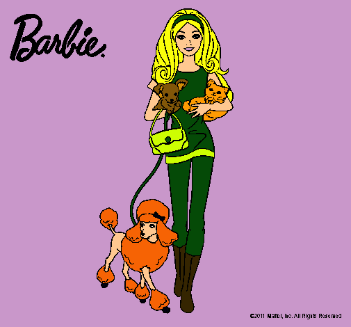 Dibujo Barbie con sus mascotas pintado por amalia