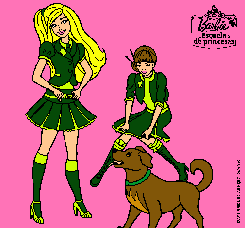 Dibujo Barbie con su perrito y una amiga pintado por amalia