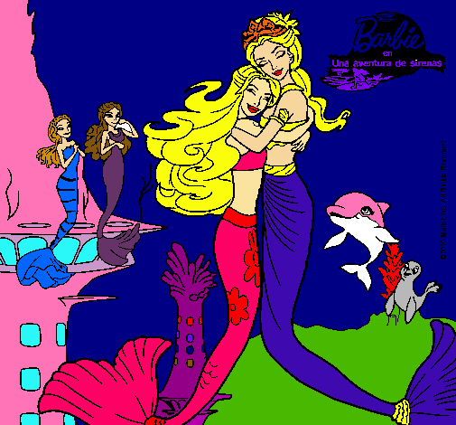 Dibujo Barbie sirena y la reina sirena pintado por amorsito