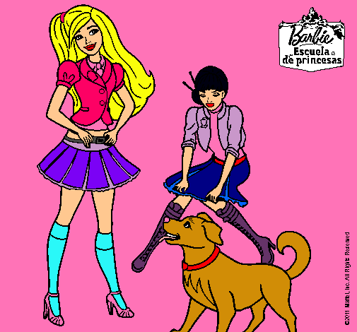 Dibujo Barbie con su perrito y una amiga pintado por mariayclaudia