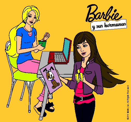 Dibujo de Barbie y su hermana merendando pintado por Yolandaa en Dibujos net el día a