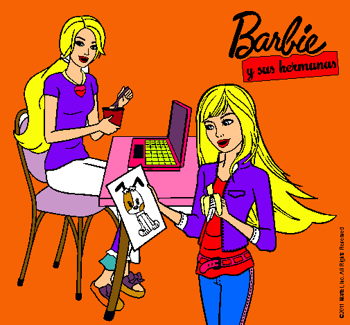 Dibujo Barbie y su hermana merendando pintado por vely