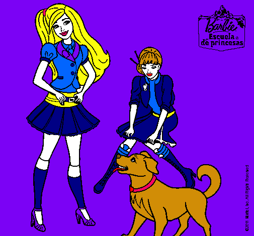 Dibujo Barbie con su perrito y una amiga pintado por celin