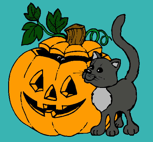 Dibujo Calabaza y gato pintado por banco