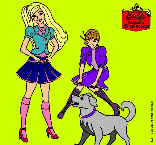 Dibujo Barbie con su perrito y una amiga pintado por Nelva