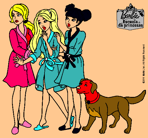 Dibujo Barbie y sus amigas en bata pintado por humacao