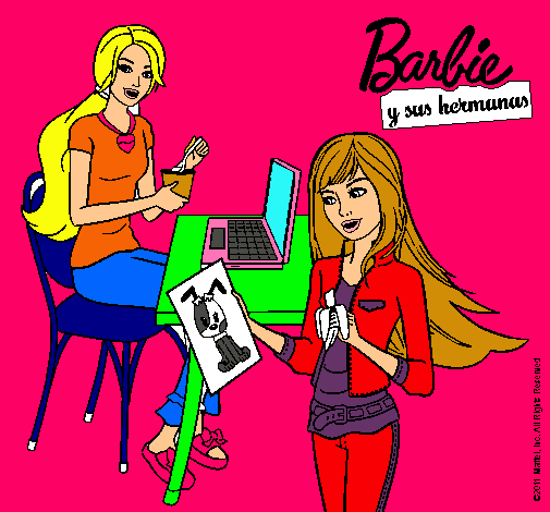 Dibujo Barbie y su hermana merendando pintado por linda_29