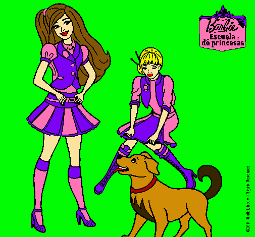 Dibujo Barbie con su perrito y una amiga pintado por florangima