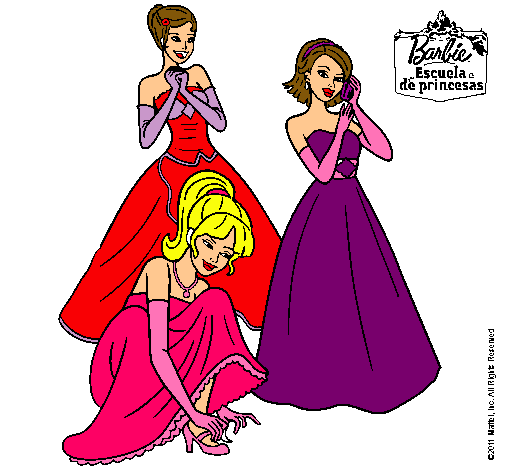 Dibujo Barbie y sus amigas vestidas de gala pintado por florangima