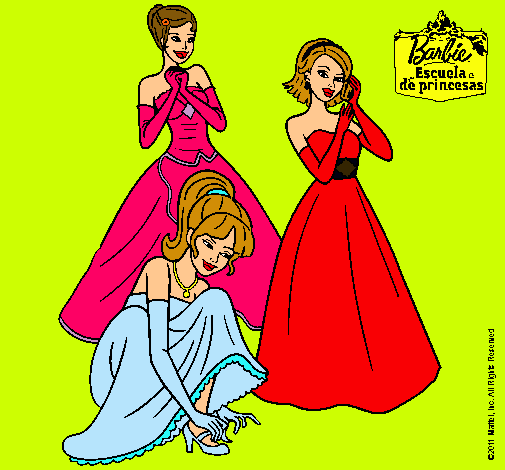 Dibujo Barbie y sus amigas vestidas de gala pintado por Cacahuete