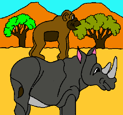 Dibujo Rinoceronte y mono pintado por zairaa