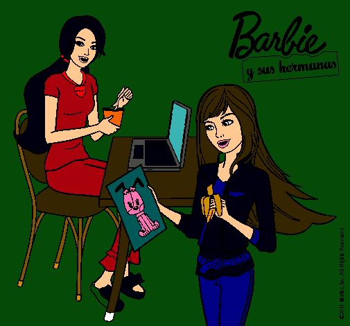 Dibujo Barbie y su hermana merendando pintado por Crisin