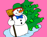 Dibujo Muñeco de nieve y árbol navideño pintado por nmemithoyi