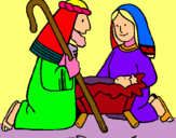 Dibujo Adoran al niño Jesús pintado por abuelos