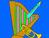 Dibujo Arpa, flauta y trompeta pintado por musical