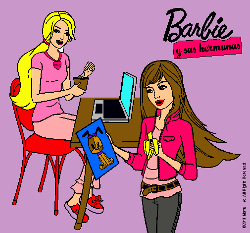 Dibujo Barbie y su hermana merendando pintado por luna13