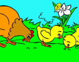 Dibujo Gallina y pollitos pintado por aves